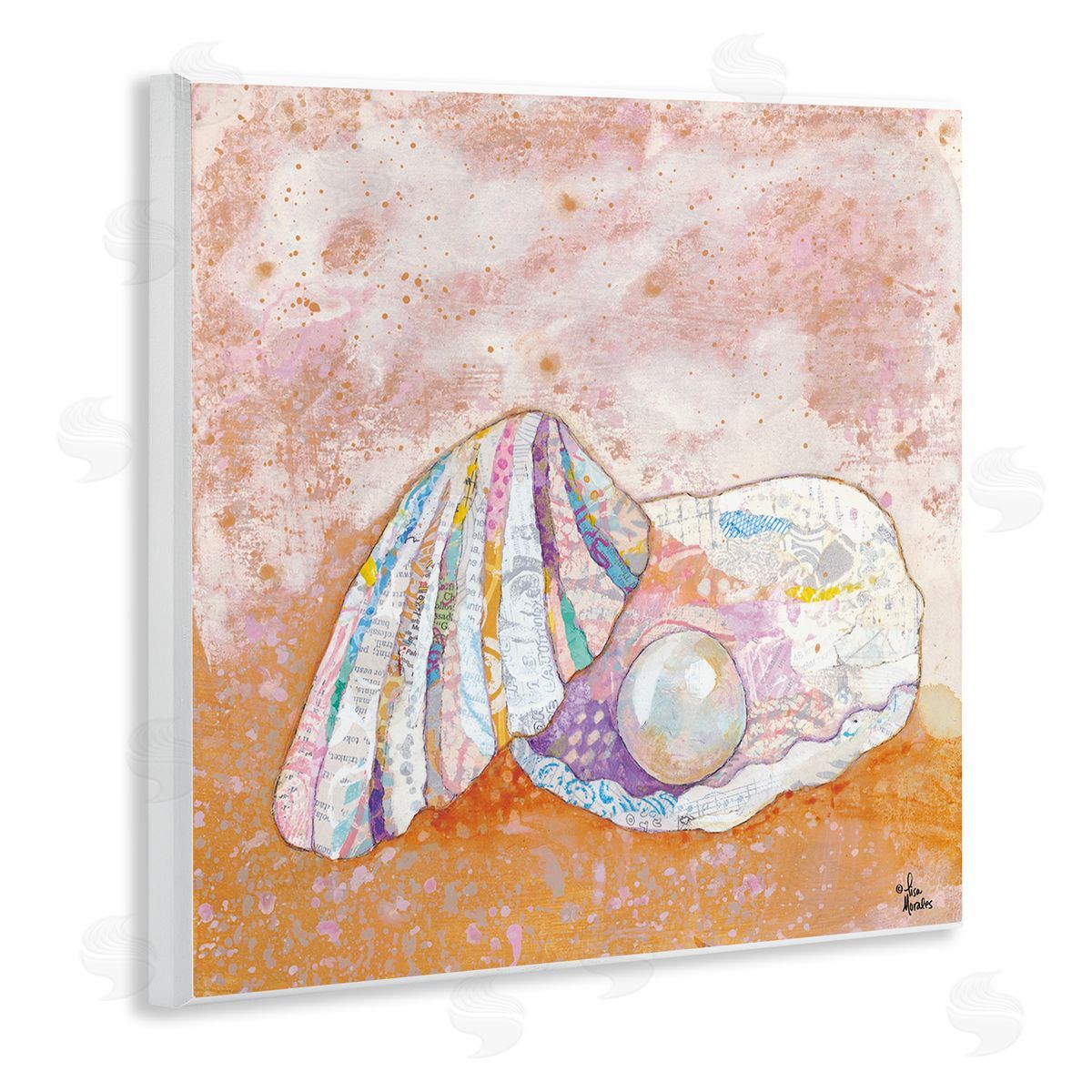 Lisa Morales Collaged Clam Shell Pearl Mixed Speckled Ephemera Wooden Wall Plaque Art Print