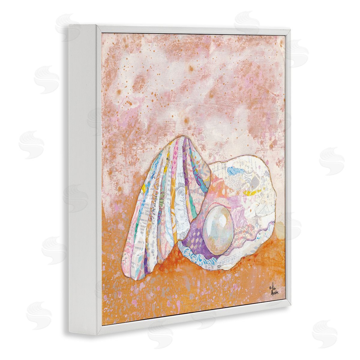 Lisa Morales Collaged Clam Shell Pearl Mixed Speckled Ephemera White Framed Glicee Wall Art Print