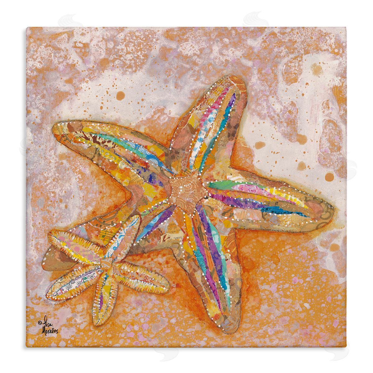Lisa Morales Patterned Starfish Ocean Foam Layered Ephemera Collage Stretched Canvas Wall Art Print