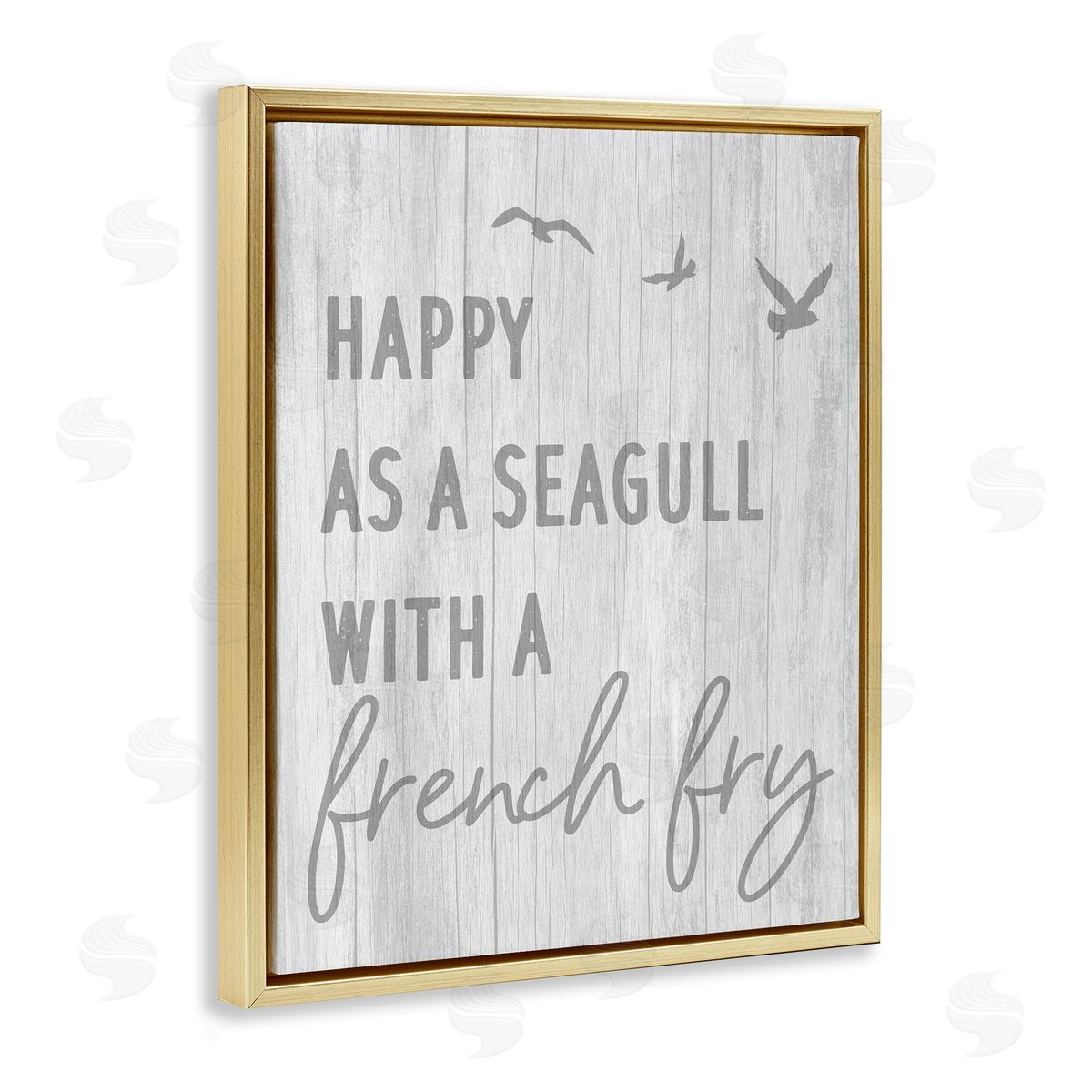 Stupell Studio Funny Happiness Phrase Rustic Seagull Beach Humor Gold Floating Frame Canvas Wall Art Print