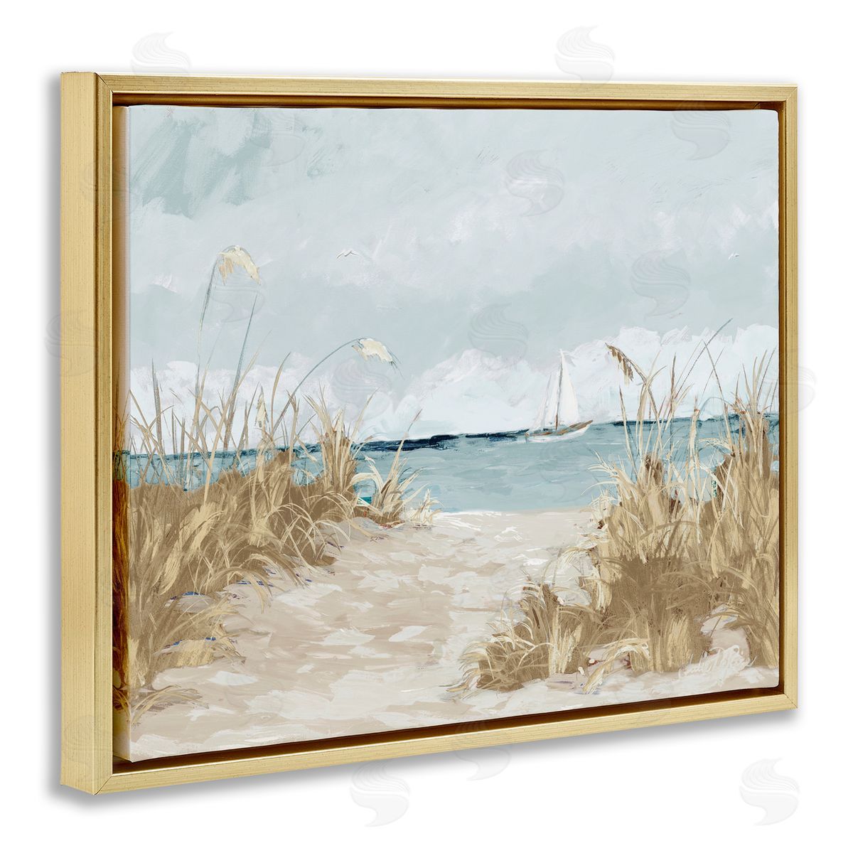 Julie DeRice Sandy Beach Walkway Distant Sailboats Floating Sea Gold Floating Frame Canvas Wall Art Print
