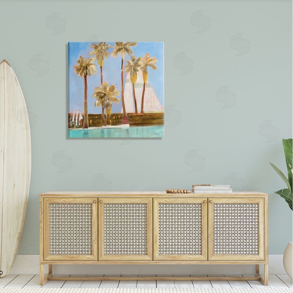 Jill Martin Tall Palm Trees Summer Nautical Sailboat Landscape Canvas Wall Art in Room