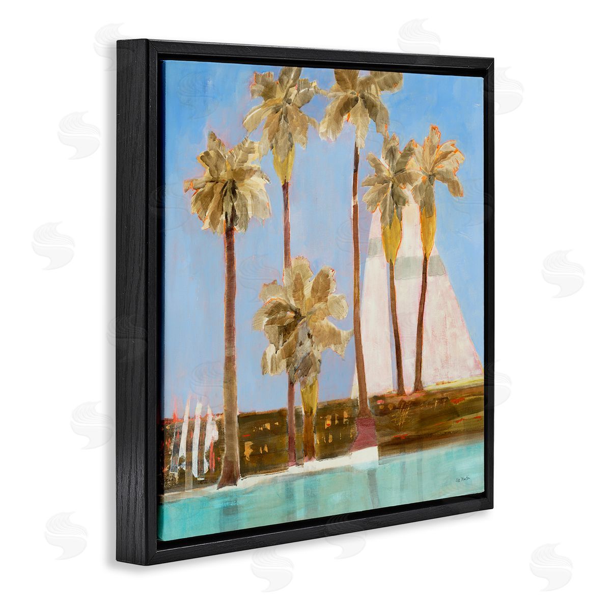 Jill Martin Tall Palm Trees Summer Nautical Sailboat Landscape Black Floating Frame Canvas Wall Art Print