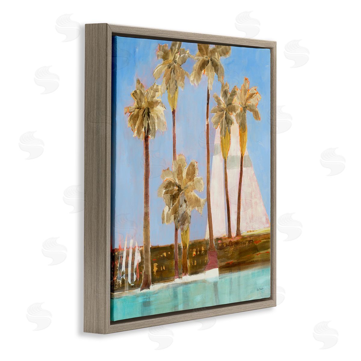 Jill Martin Tall Palm Trees Summer Nautical Sailboat Landscape Brown Floating Frame Canvas Wall Art Print