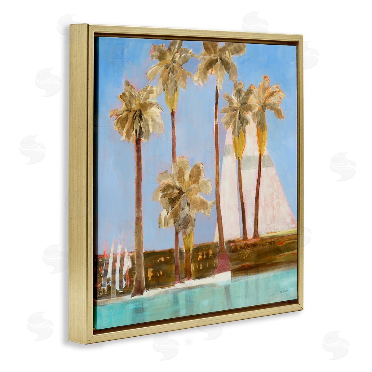 Jill Martin Tall Palm Trees Summer Nautical Sailboat Landscape Gold Floating Frame Canvas Wall Art Print