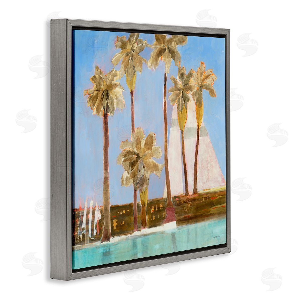 Jill Martin Tall Palm Trees Summer Nautical Sailboat Landscape Gray Floating Frame Canvas Wall Art Print