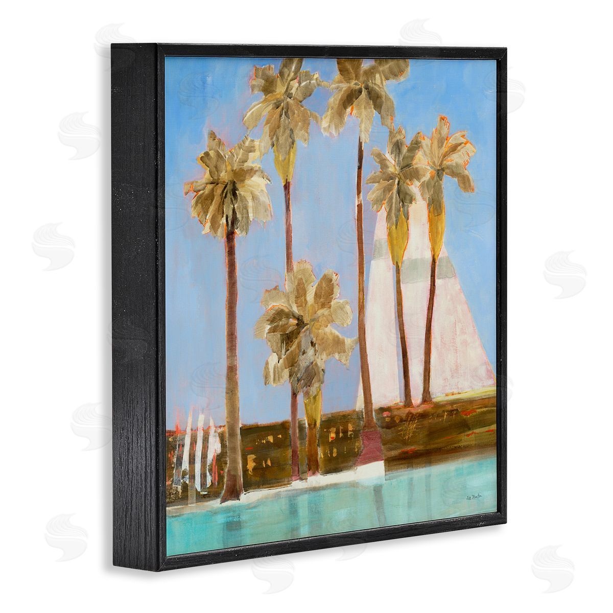 Jill Martin Tall Palm Trees Summer Nautical Sailboat Landscape Black Framed Glicee Wall Art Print