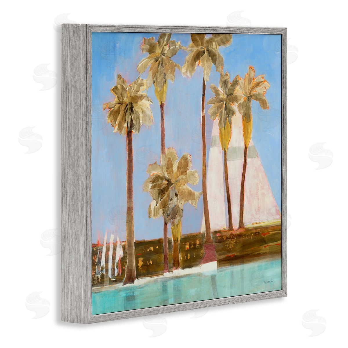 Jill Martin Tall Palm Trees Summer Nautical Sailboat Landscape Gray Framed Glicee Wall Art Print