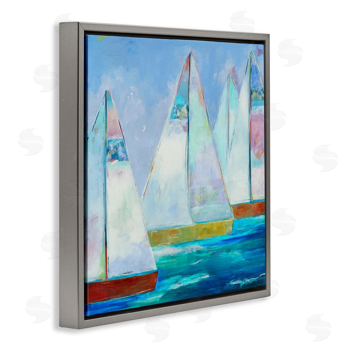 Jill Martin Bold Sailing Boats Drifting Ocean Water Waves Gray Floating Frame Canvas Wall Art Print