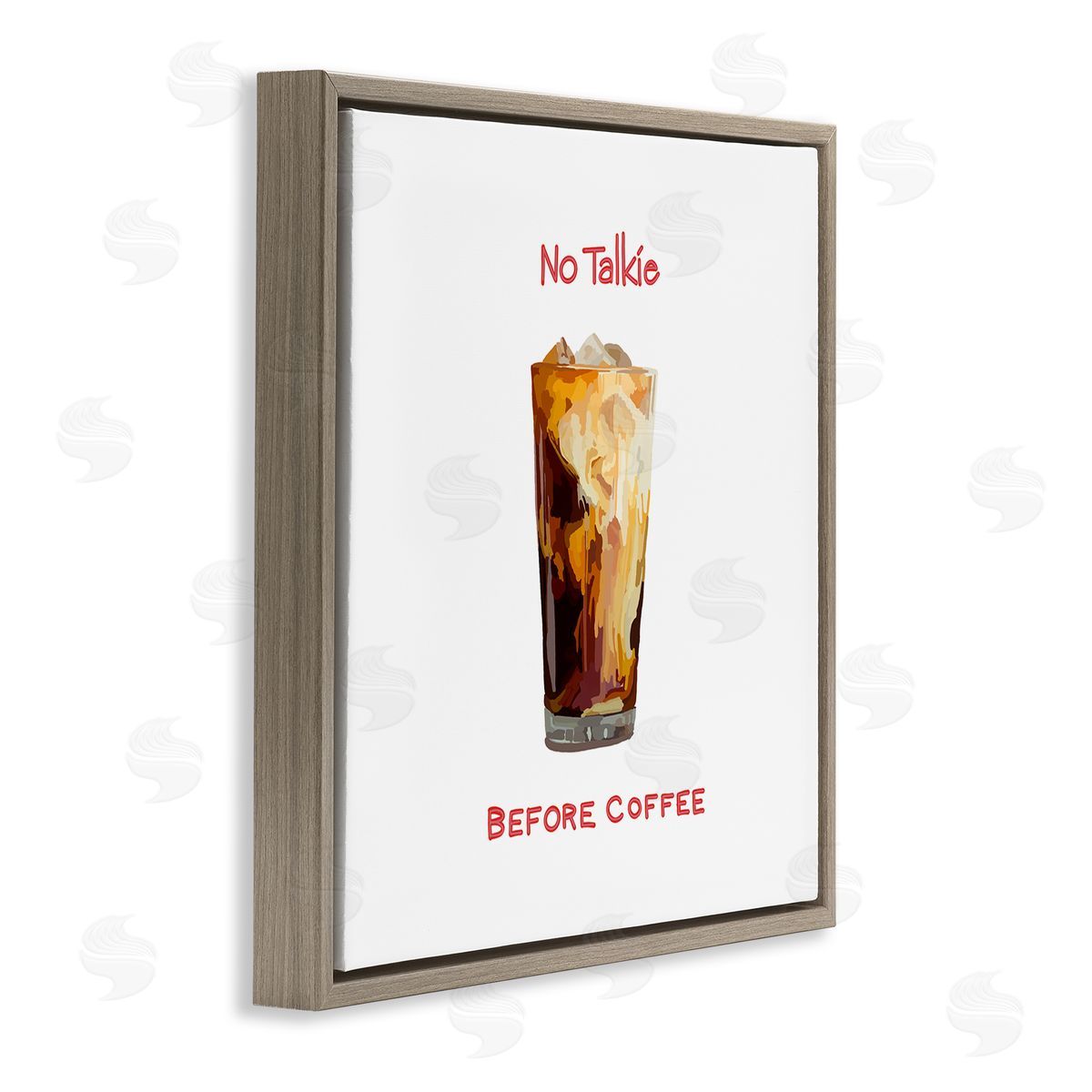 Amelia Noyes No Talkie Before Coffee Casual Kitchen Milk Swirls Brown Floating Frame Canvas Wall Art Print