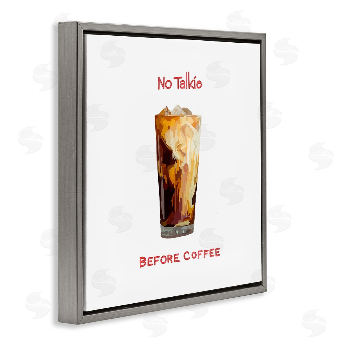 Amelia Noyes No Talkie Before Coffee Casual Kitchen Milk Swirls Gray Floating Frame Canvas Wall Art Print