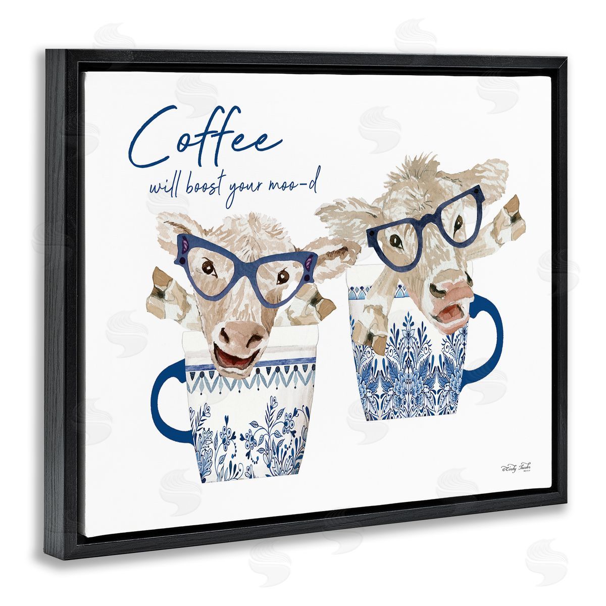 Cindy Jacobs Boost Your Moo-d Humorous Farmhouse Cow Coffee Mugs Black Floating Frame Canvas Wall Art Print