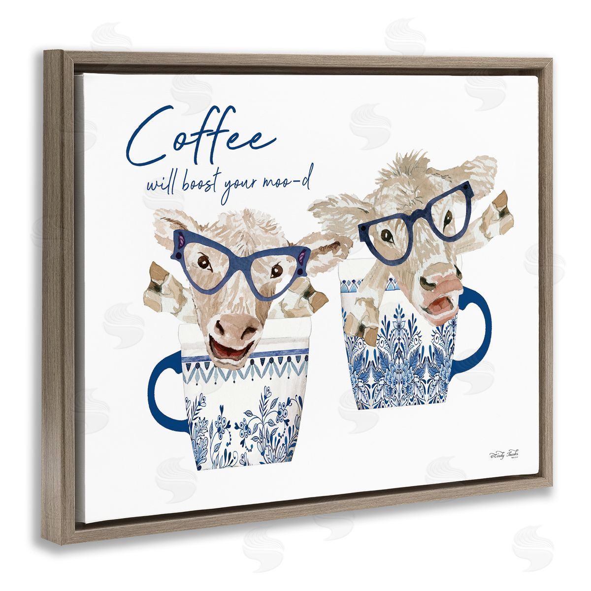 Cindy Jacobs Boost Your Moo-d Humorous Farmhouse Cow Coffee Mugs Brown Floating Frame Canvas Wall Art Print