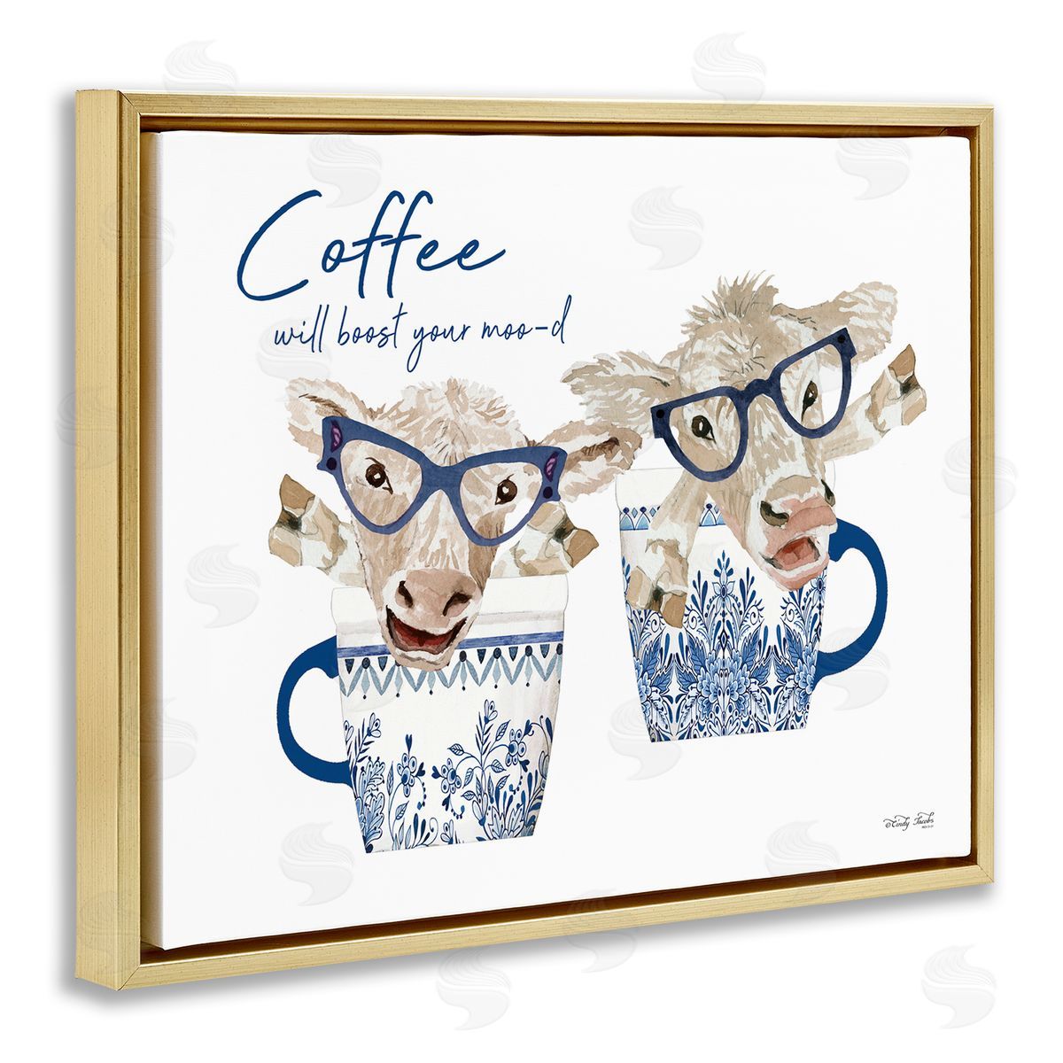 Cindy Jacobs Boost Your Moo-d Humorous Farmhouse Cow Coffee Mugs Gold Floating Frame Canvas Wall Art Print