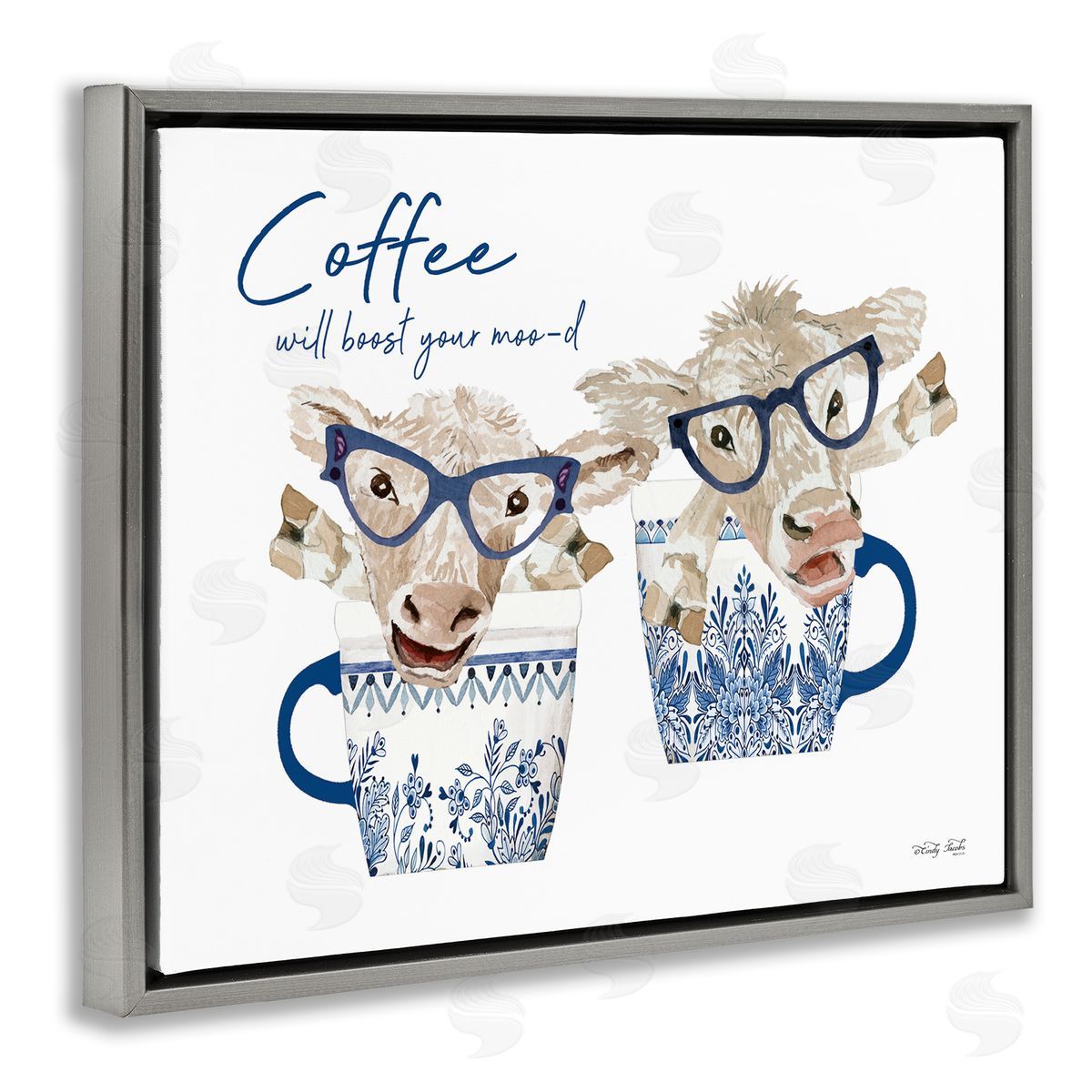 Cindy Jacobs Boost Your Moo-d Humorous Farmhouse Cow Coffee Mugs Gray Floating Frame Canvas Wall Art Print