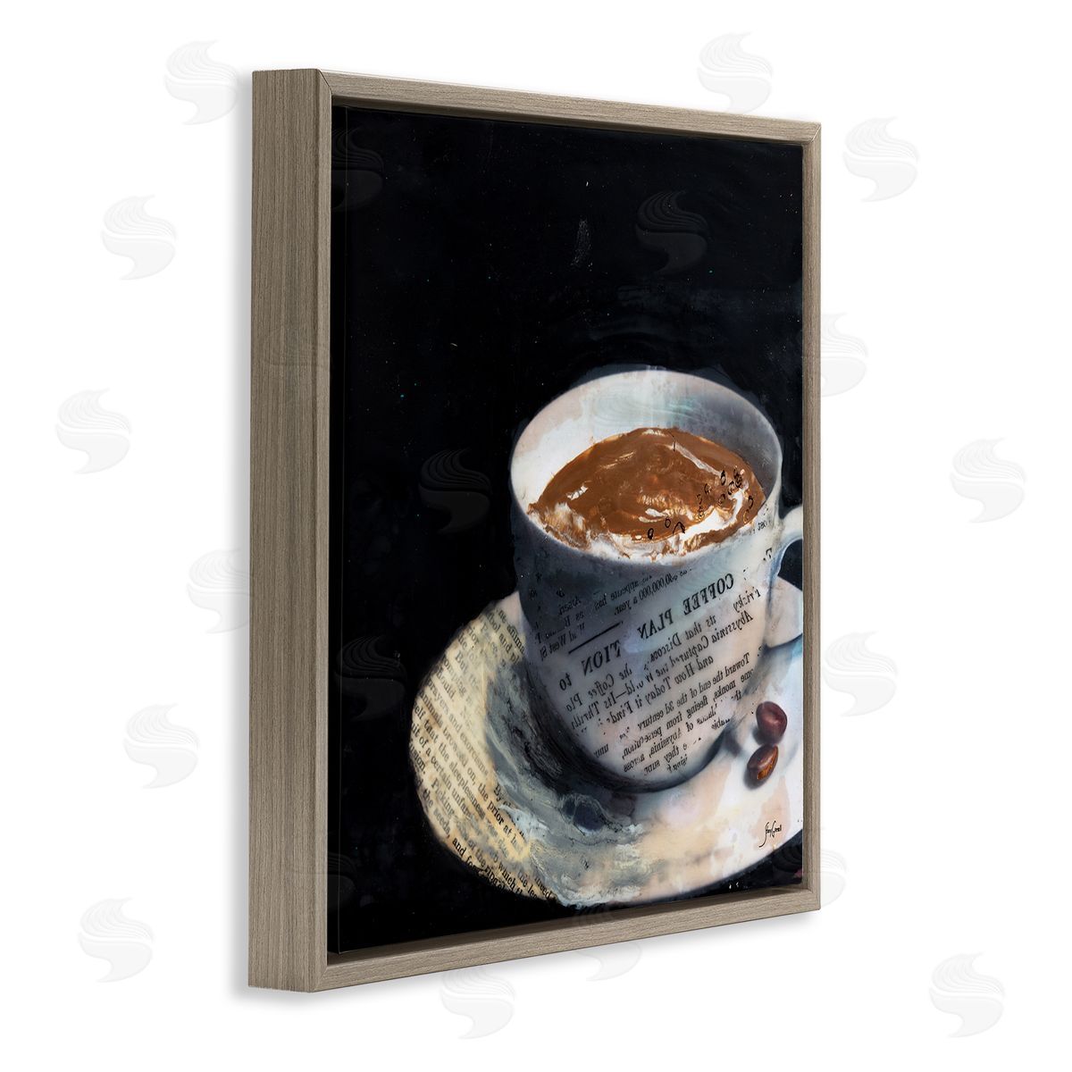 Stacy Gresell Coffee Cup Morning Beverage Layered Newspaper Collage Brown Floating Frame Canvas Wall Art Print
