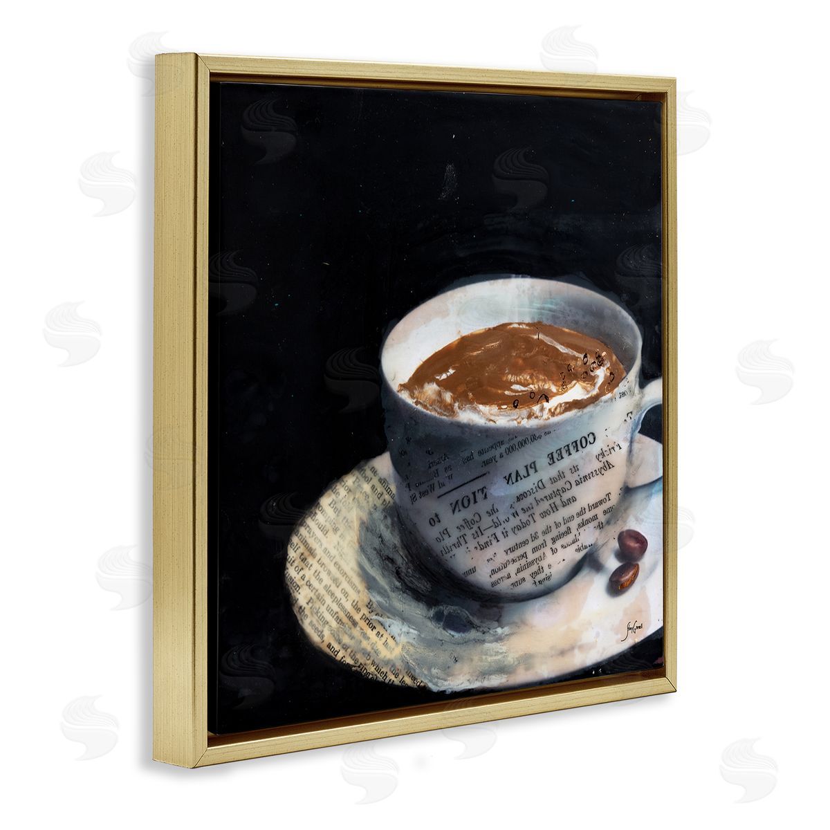 Stacy Gresell Coffee Cup Morning Beverage Layered Newspaper Collage Gold Floating Frame Canvas Wall Art Print