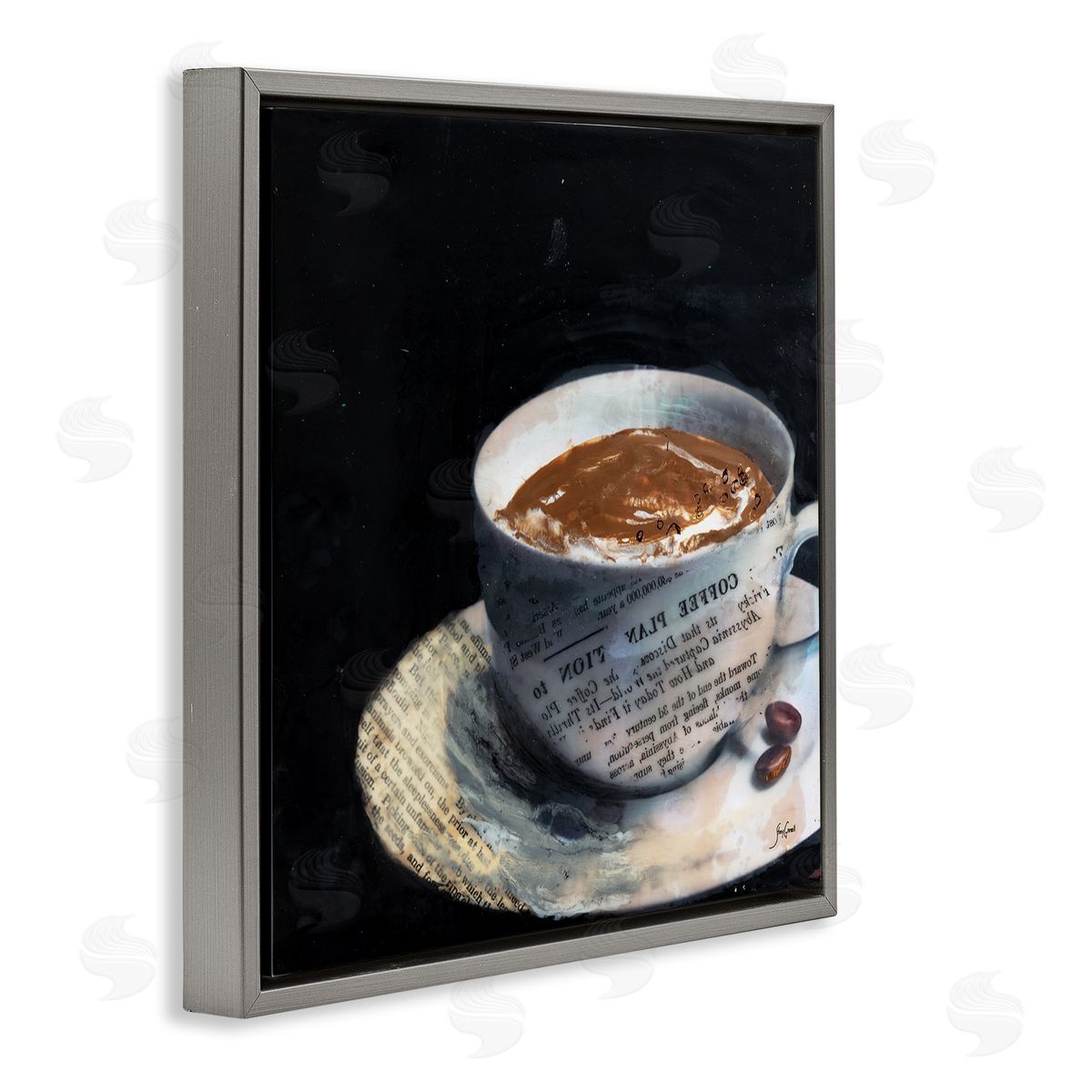 Stacy Gresell Coffee Cup Morning Beverage Layered Newspaper Collage Gray Floating Frame Canvas Wall Art Print