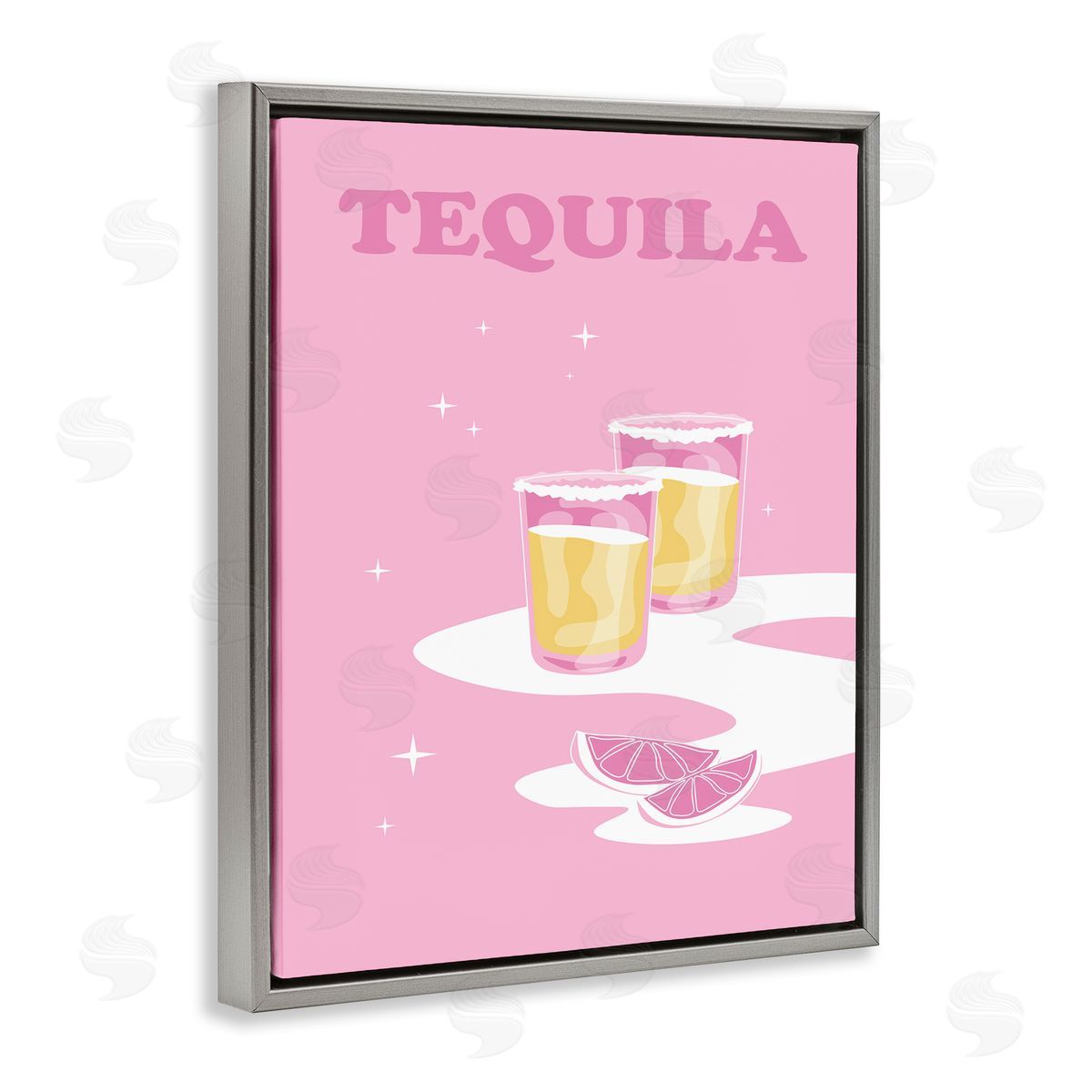 Birch & Ink Bold Pink Tequila Shots Kitchen Cocktail Typography Gray Floating Frame Canvas Wall Art Print