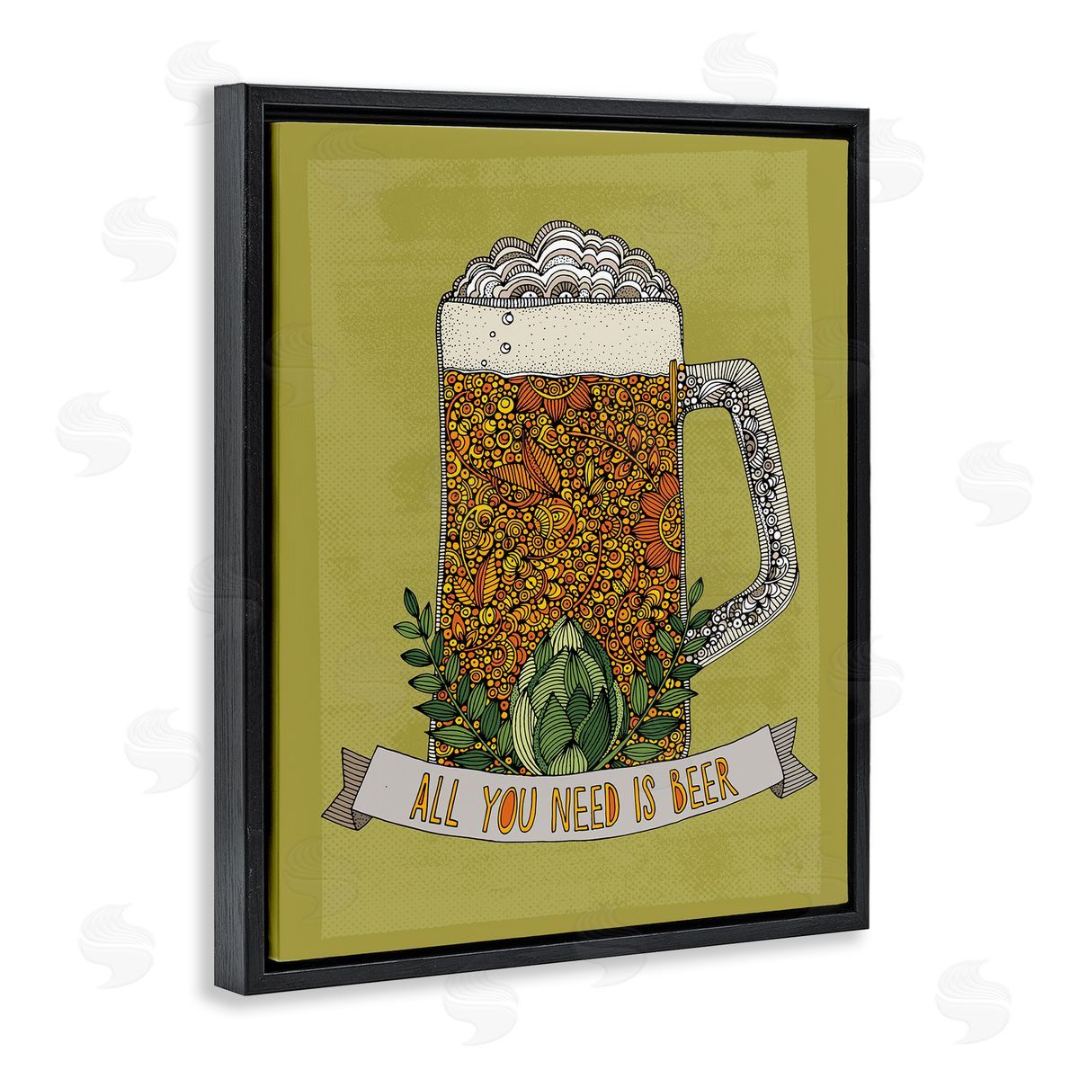 Valentina Harper All You Need Is Beer Floral Pattern Stein Mug Black Floating Frame Canvas Wall Art Print