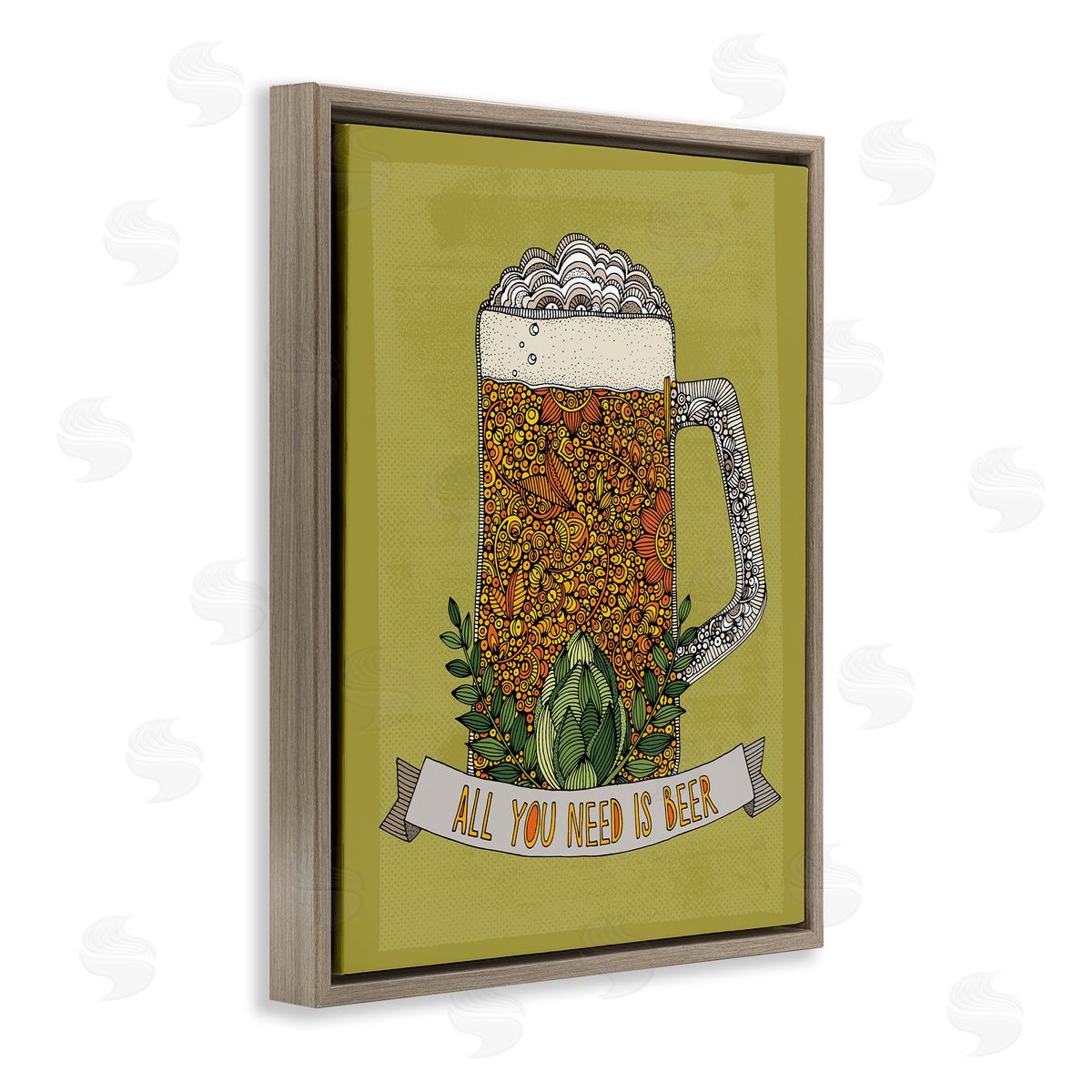 Valentina Harper All You Need Is Beer Floral Pattern Stein Mug Brown Floating Frame Canvas Wall Art Print