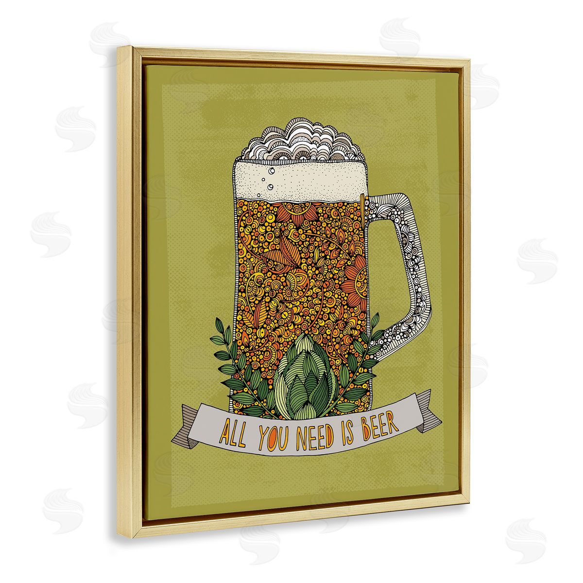 Valentina Harper All You Need Is Beer Floral Pattern Stein Mug Gold Floating Frame Canvas Wall Art Print