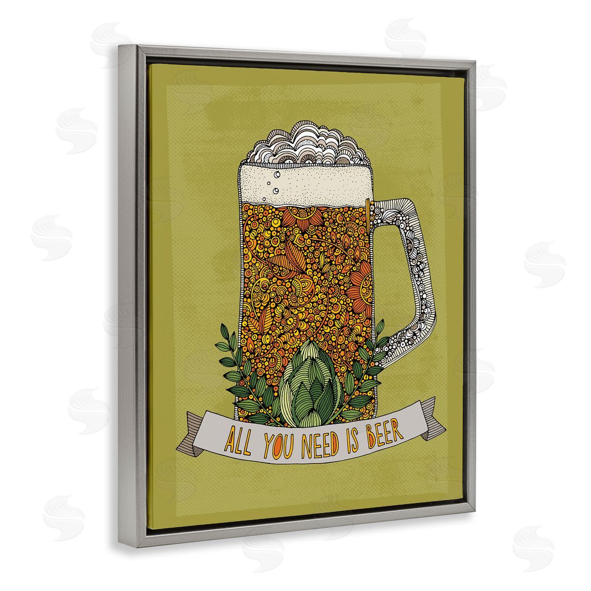 Valentina Harper All You Need Is Beer Floral Pattern Stein Mug Gray Floating Frame Canvas Wall Art Print