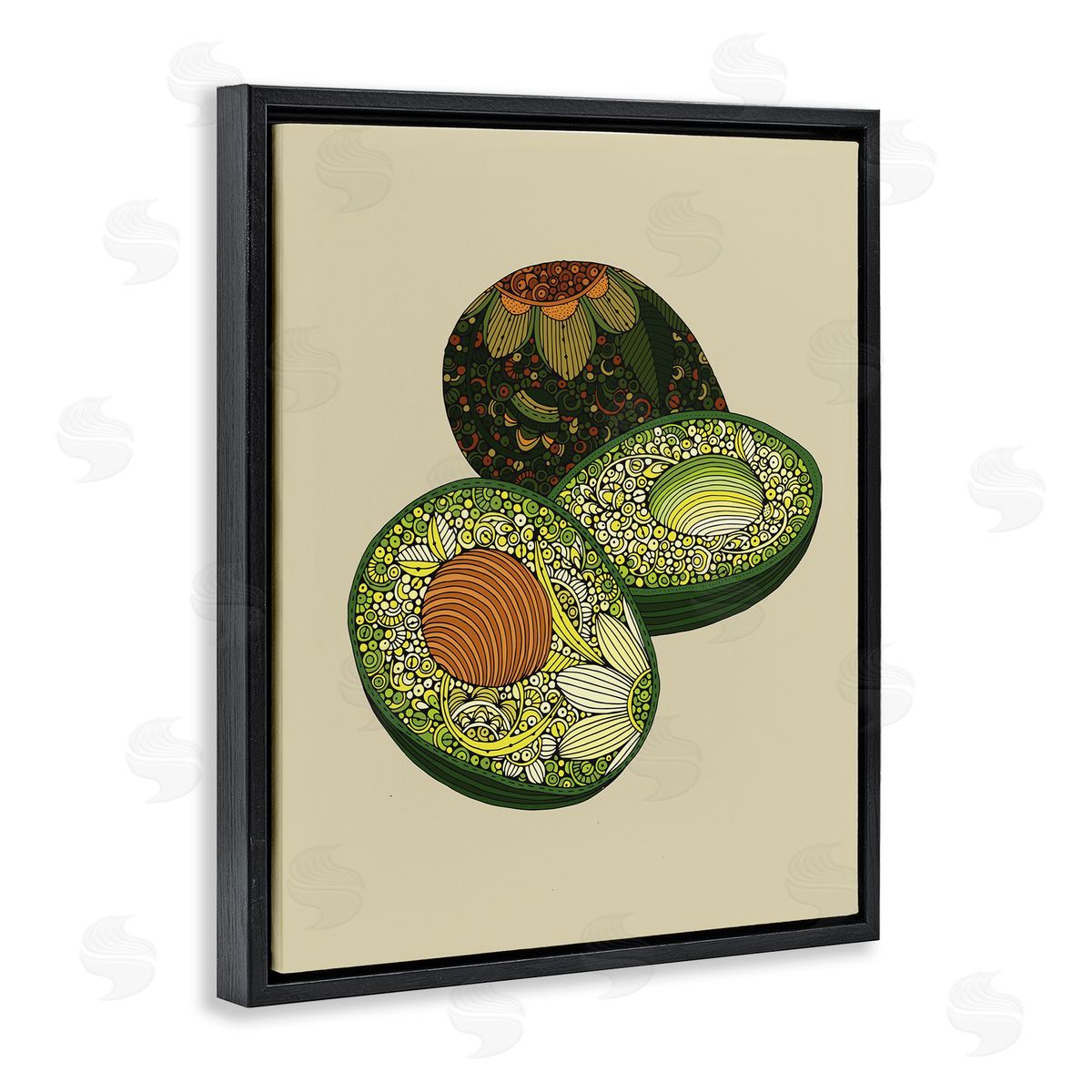 Valentina Harper Intricate Floral Pattern Avocado Fruit Still Life Black Floating Frame Canvas Wall Art Print