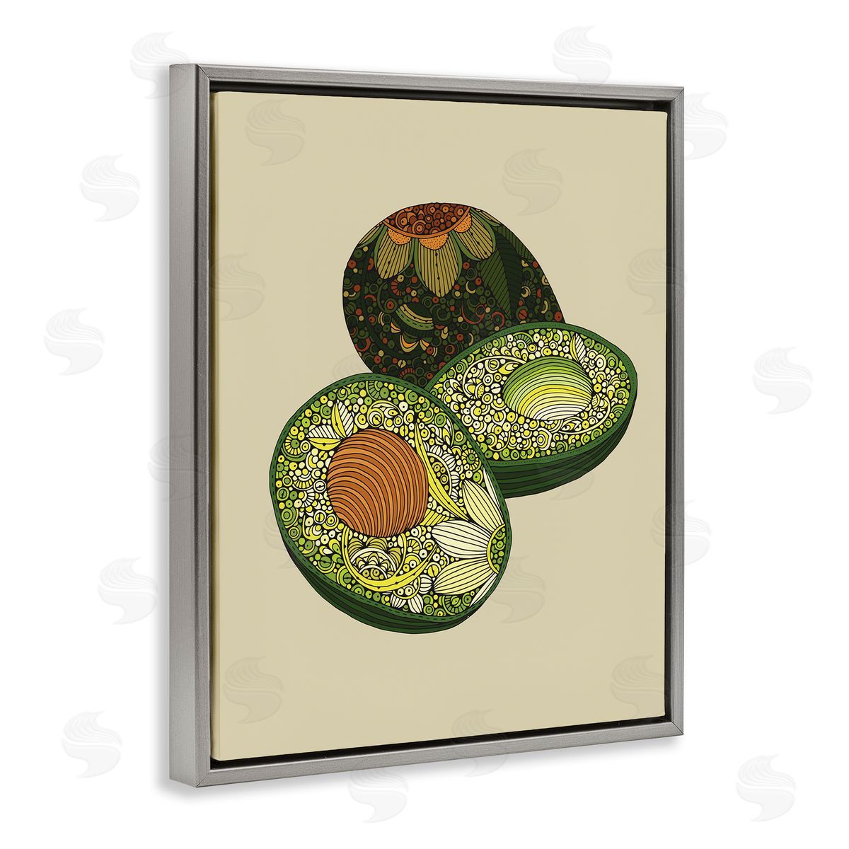 Valentina Harper Intricate Floral Pattern Avocado Fruit Still Life Gray Floating Frame Canvas Wall Art Print