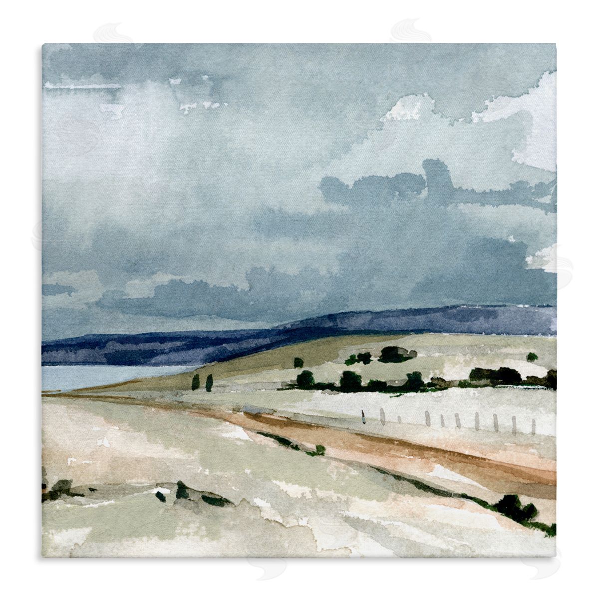 Emma Caroline Cloudy Country Mountain Road Watercolor Detail Scene Stretched Canvas Wall Art Print