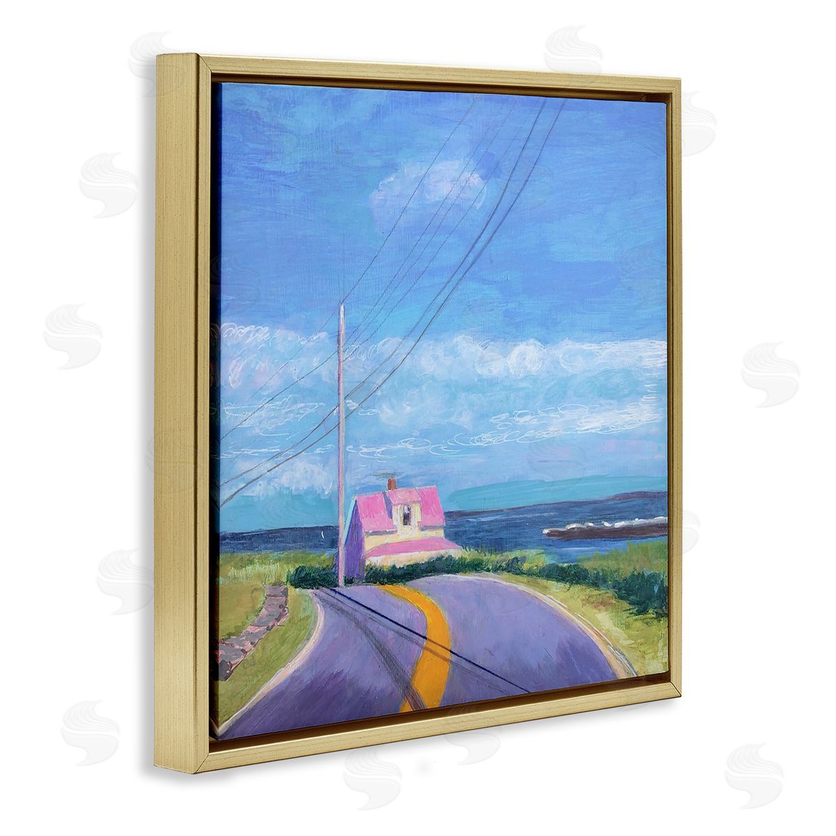 Sweetwater Vivid Seaside Cottage Road Calm Ocean Breeze Gold Floating Frame Canvas Wall Art Print