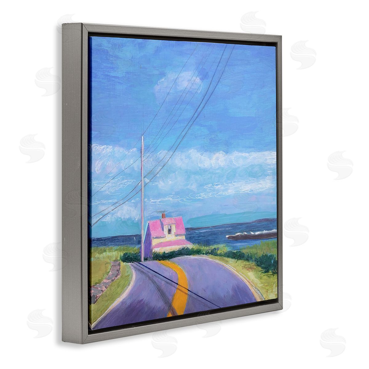 Sweetwater Vivid Seaside Cottage Road Calm Ocean Breeze Gray Floating Frame Canvas Wall Art Print