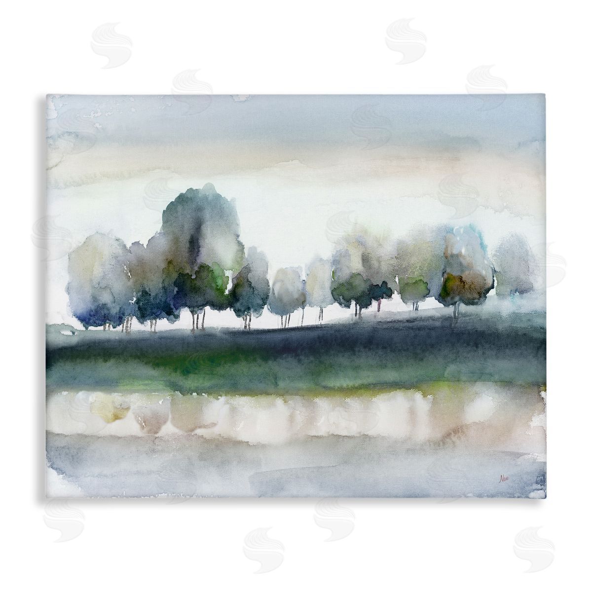 Nan Tree Orchard Flowing River Watercolor Nature Scene Stretched Canvas Wall Art Print