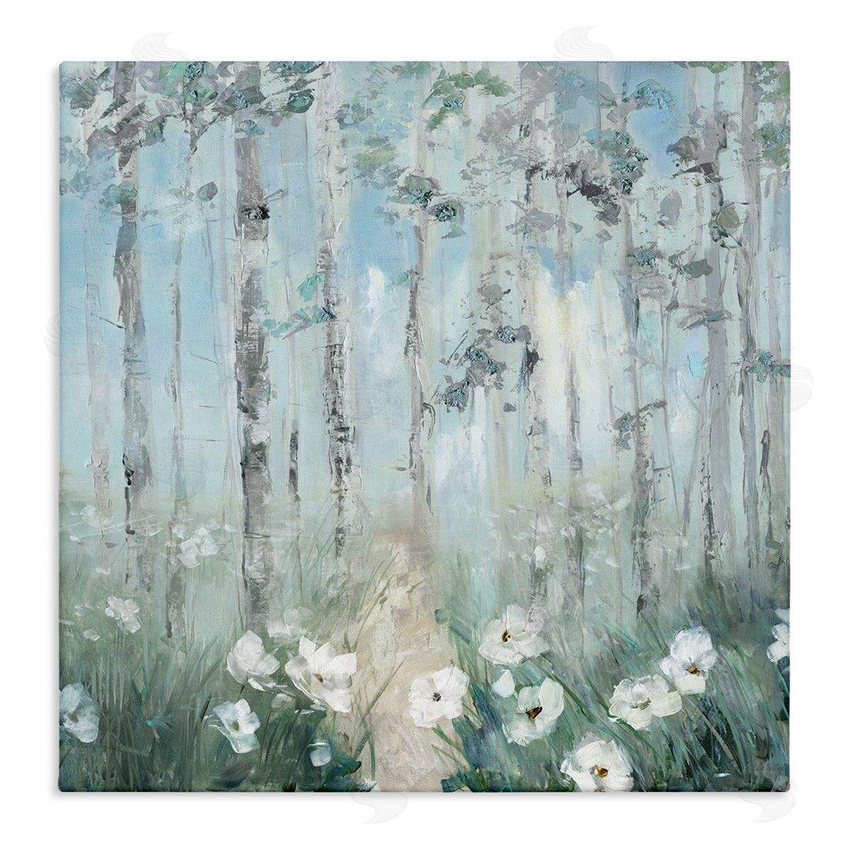 Sally Swatland White Flowers Blooming Forest Birch Trees Scenery Stretched Canvas Wall Art Print