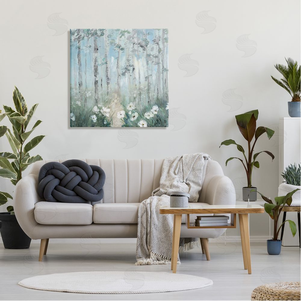 Sally Swatland White Flowers Blooming Forest Birch Trees Scenery Canvas Wall Art in Room