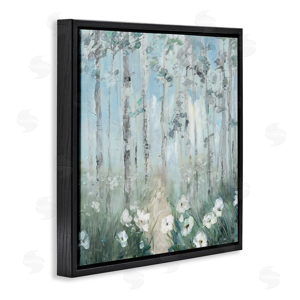 Sally Swatland White Flowers Blooming Forest Birch Trees Scenery Black Floating Frame Canvas Wall Art Print
