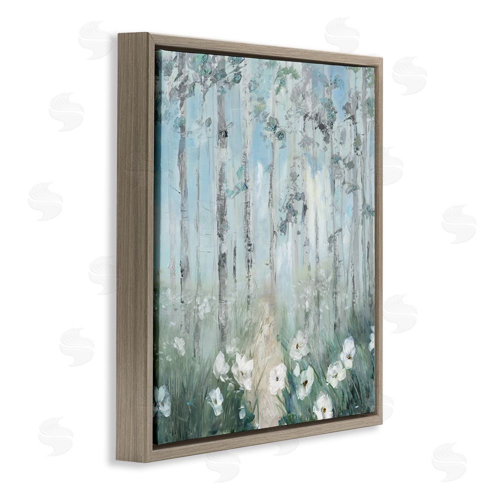 Sally Swatland White Flowers Blooming Forest Birch Trees Scenery Brown Floating Frame Canvas Wall Art Print