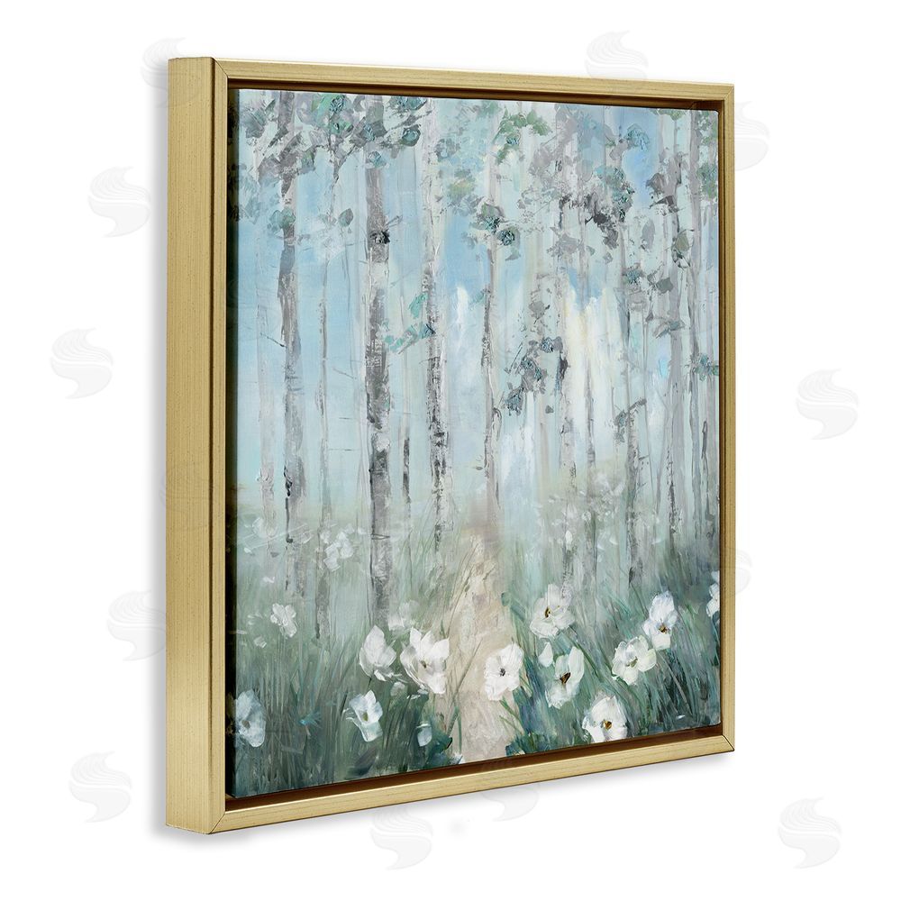 Sally Swatland White Flowers Blooming Forest Birch Trees Scenery Gold Floating Frame Canvas Wall Art Print