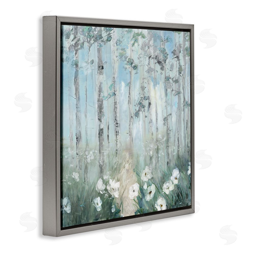 Sally Swatland White Flowers Blooming Forest Birch Trees Scenery Gray Floating Frame Canvas Wall Art Print