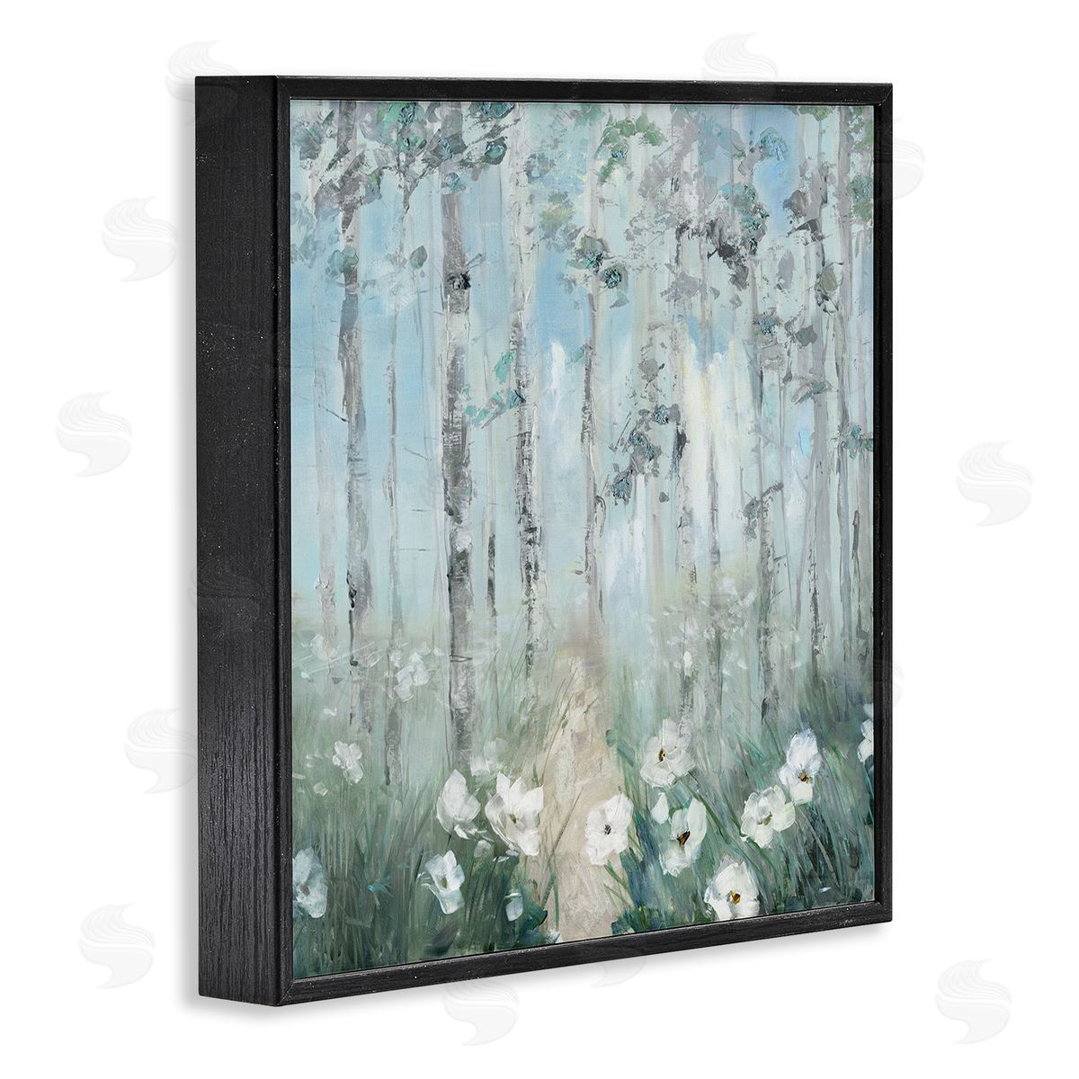 Sally Swatland White Flowers Blooming Forest Birch Trees Scenery Black Framed Glicee Wall Art Print