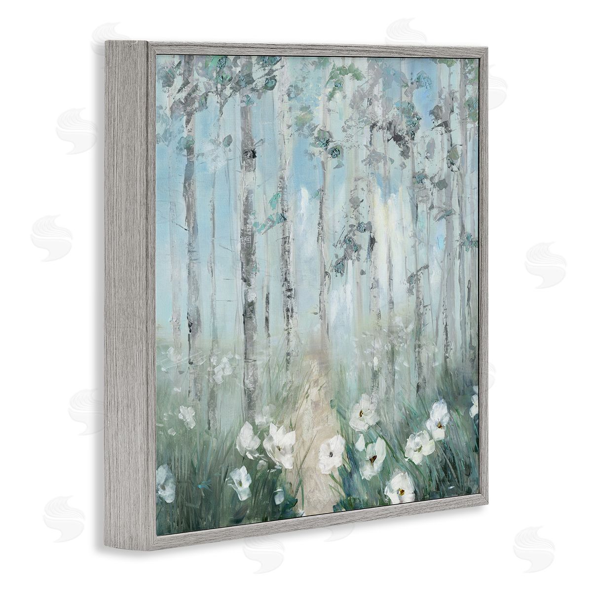 Sally Swatland White Flowers Blooming Forest Birch Trees Scenery Gray Framed Glicee Wall Art Print