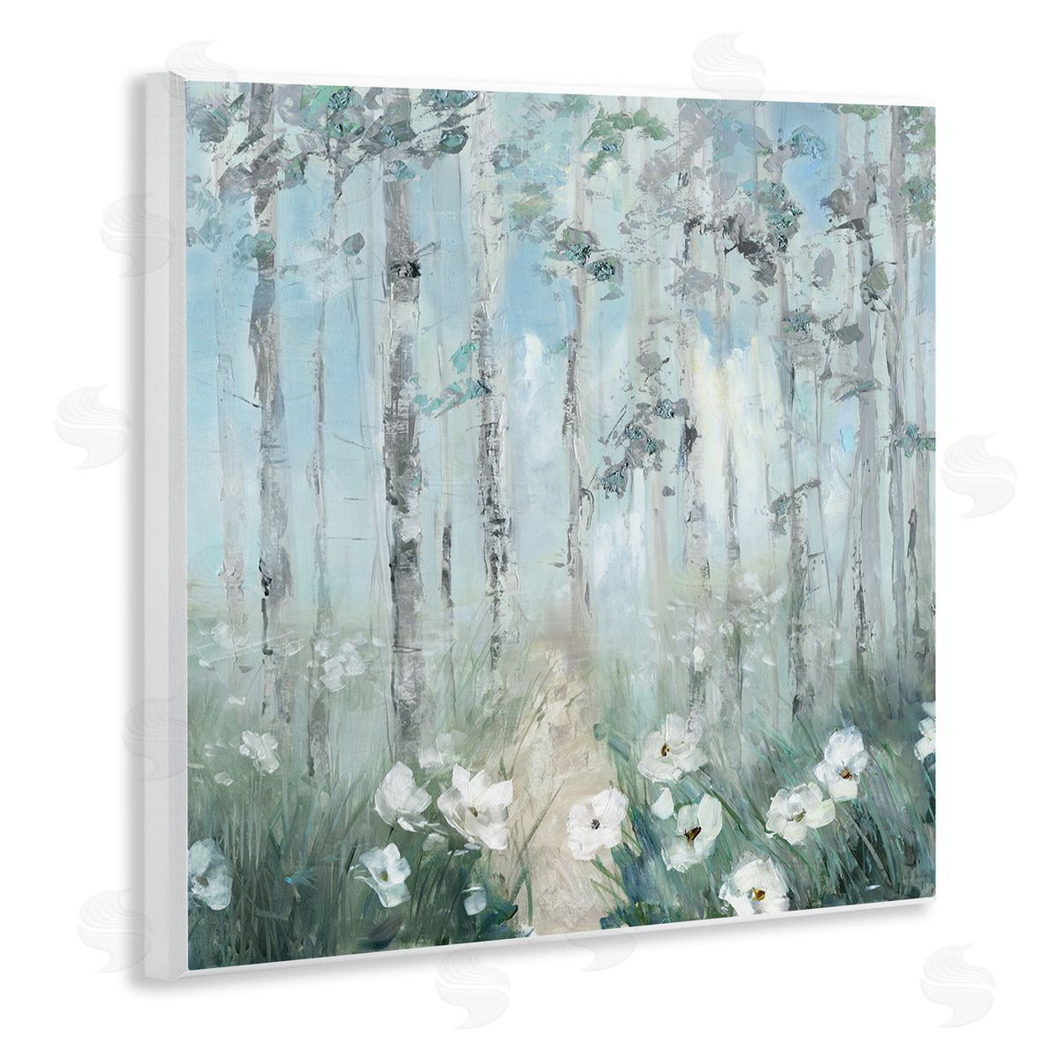 Sally Swatland White Flowers Blooming Forest Birch Trees Scenery Wooden Wall Plaque Art Print