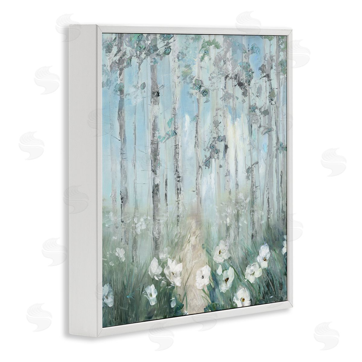 Sally Swatland White Flowers Blooming Forest Birch Trees Scenery White Framed Glicee Wall Art Print