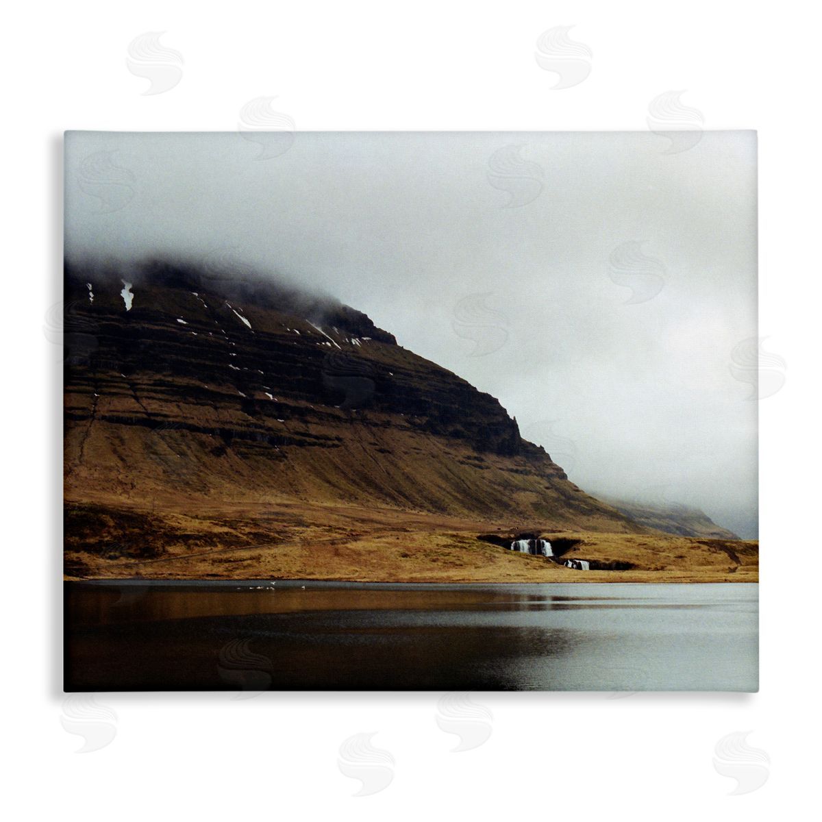 Lynann Colligan Lake Side Cliffs Looming Fog Plateau Landscape Stretched Canvas Wall Art Print