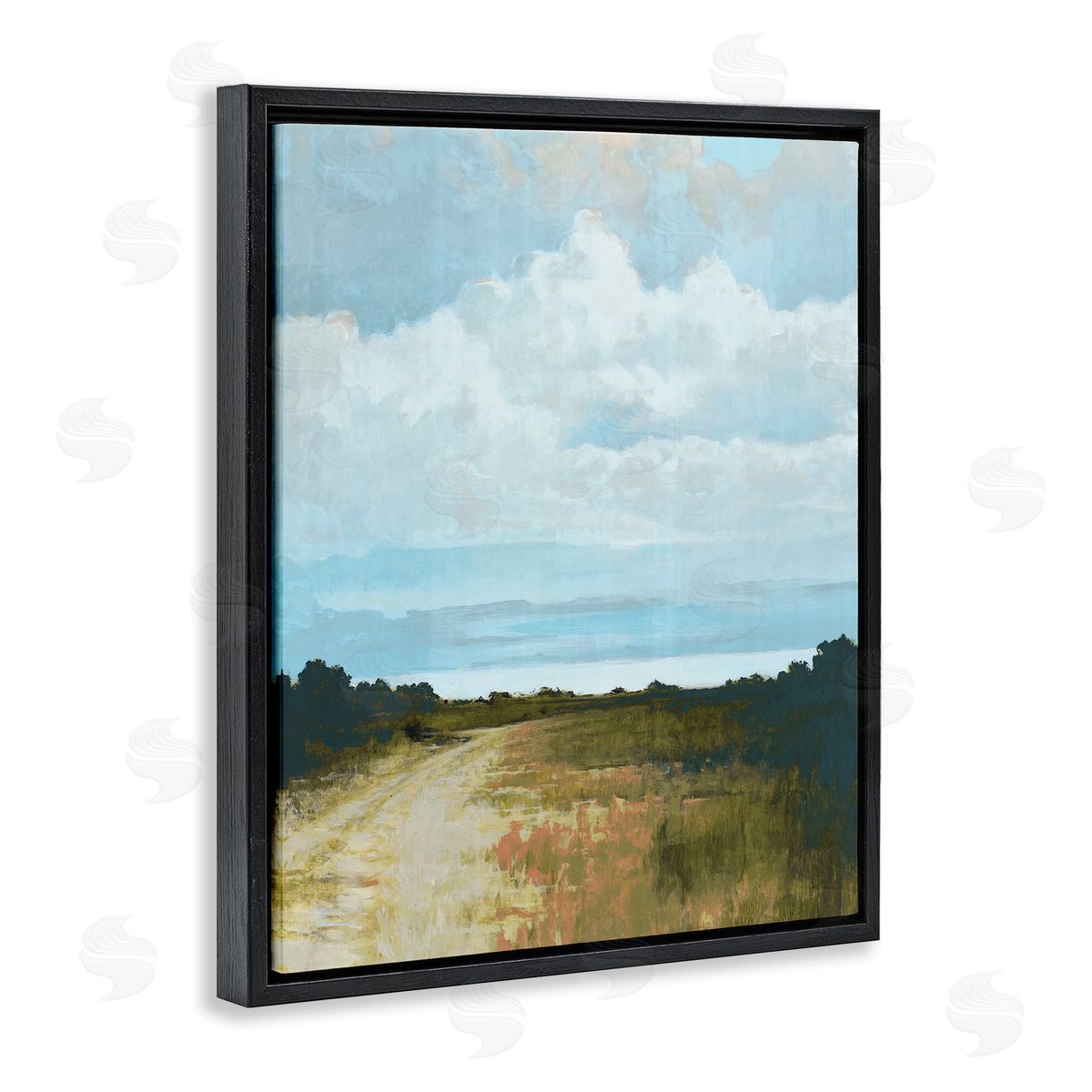 Cloverfield & Co. Atmospheric Blue Clouds Over Rural Country Path Black Floating Frame Canvas Wall Art Print