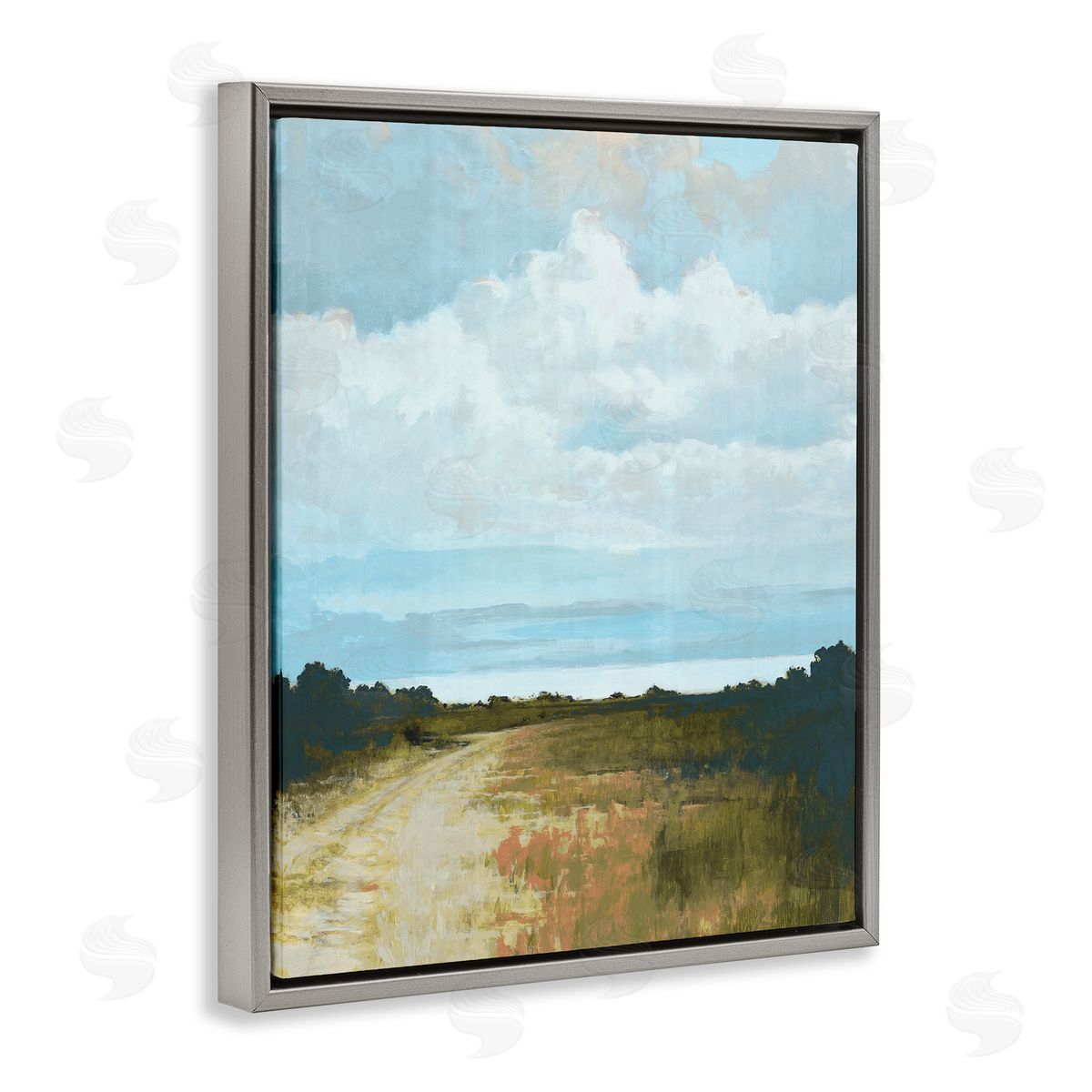 Cloverfield & Co. Atmospheric Blue Clouds Over Rural Country Path Gray Floating Frame Canvas Wall Art Print