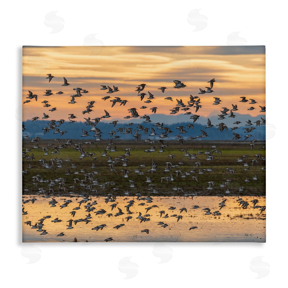 Nancy Crowell Flock of Birds Flying Lake Reflection Orange Sunset Stretched Canvas Wall Art Print