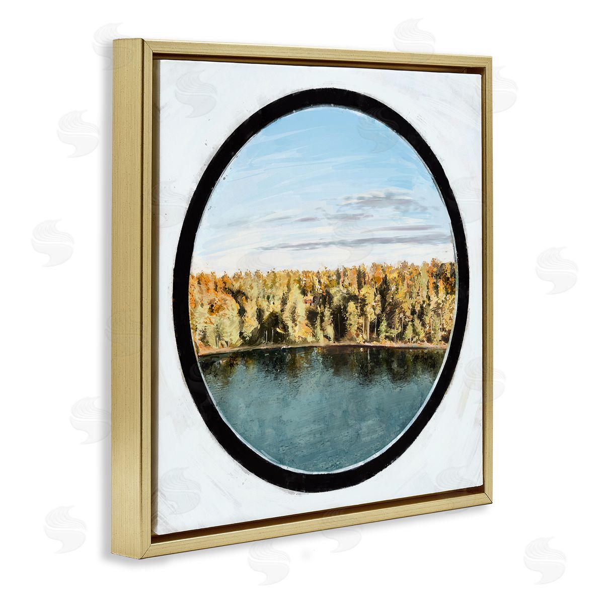 Ziwei Li Autumn Woodland Forest Lake Through Porthole Landscape Gold Floating Frame Canvas Wall Art Print