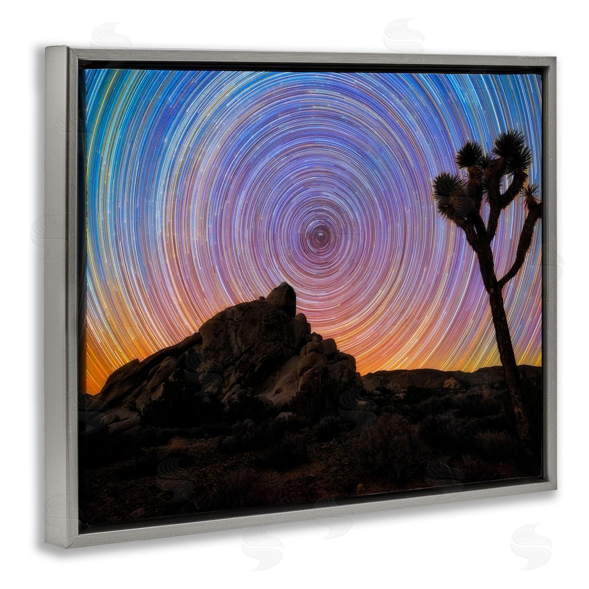 Lincoln Harrison Kaleidoscopic Swirl Pattern Sky Desert Tree Silhouette  Gray Floating Frame Canvas Wall Art Print