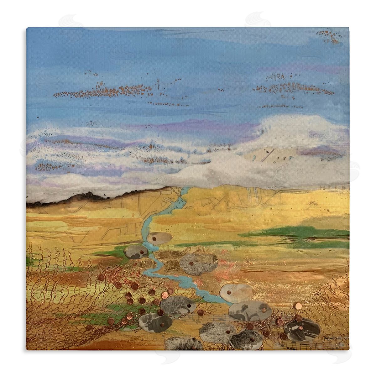 Stacy Gresell Vast Grassland Stream Collage Puffy Cloud Sky Stretched Canvas Wall Art Print